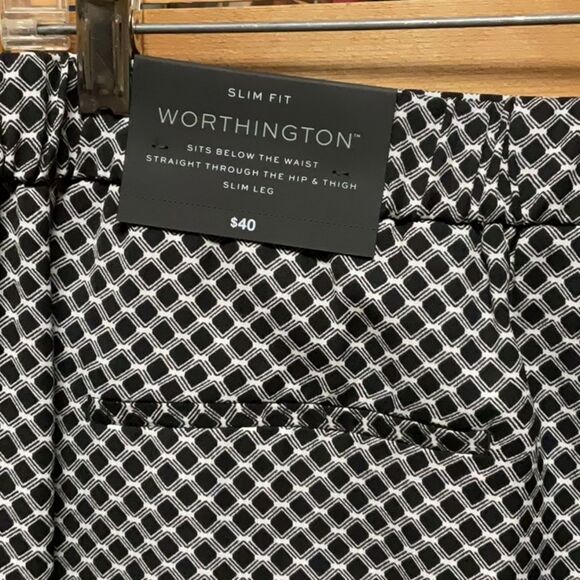 NWT Worthington Women Black White Geometric Trousers L Pants Polyester Slacks - Picture 3 of 8
